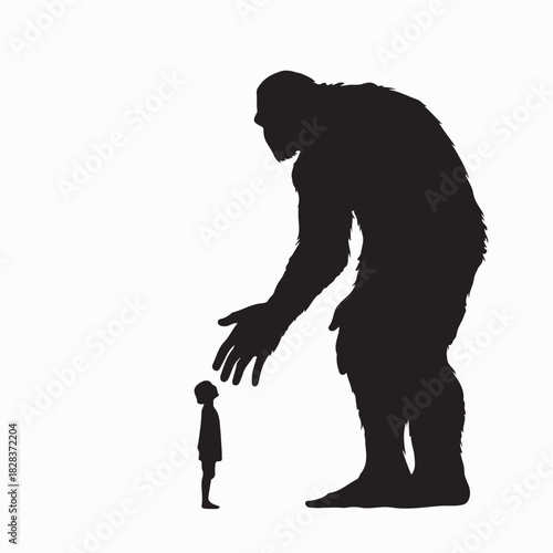Child interacting with a giant silhouette vector on white background