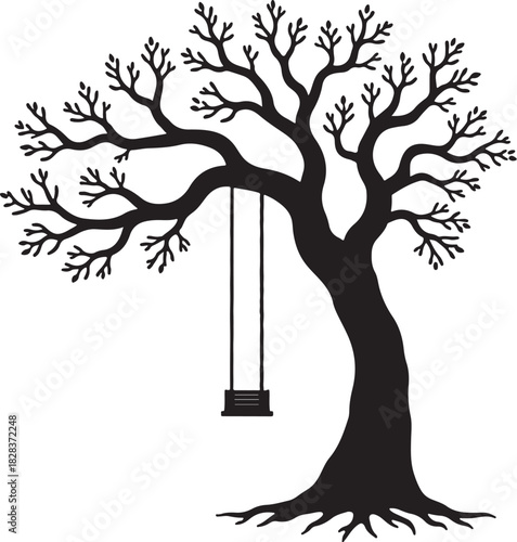 Black silhouette of a bare tree with a swing black and white