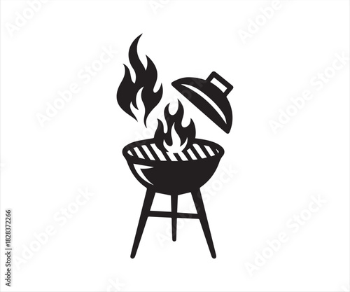 BBQ Grill Icon with Flames and Open Lid – Barbecue Symbol Illustration