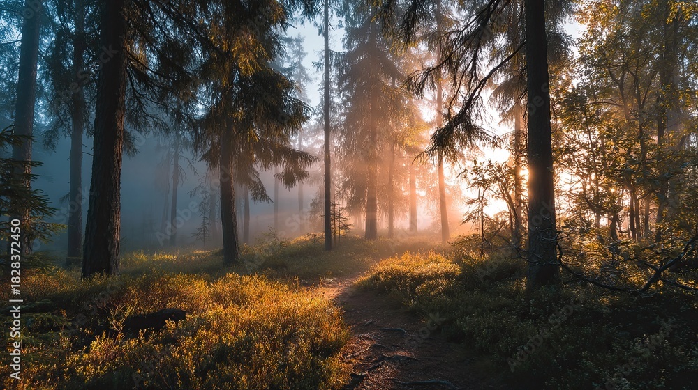 Fototapeta premium Golden Rays Shining Through Misty Trees