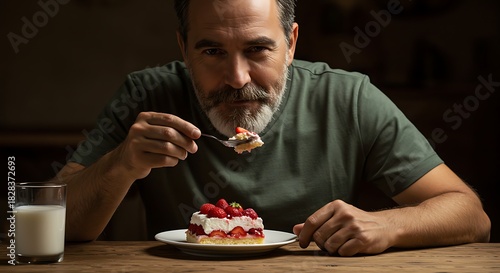 Man with beard and cake looks at camera, holding spoon, glass of milk nearby