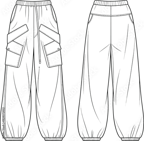 Technical flat drawing fashion illustration of loose fit cargo pants with elasticated hem, adjustable drawstring waist, and large bellow pockets CAD vector template