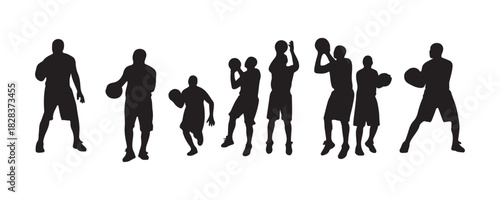 Group of basketball players; a series of vector silhouettes. High-contrast artwork


