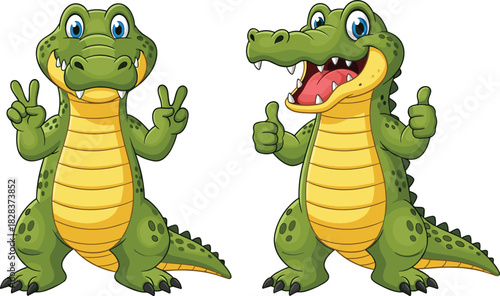 Cartoon crocodile duo with gestures, expressive animal character sketch, peace sign and thumbs-up vector, playful wildlife illustration concept