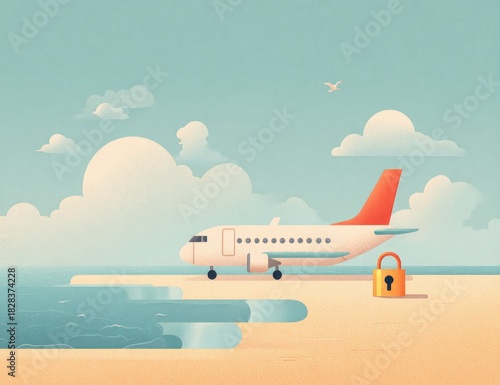 An airplane on a sandy beach with an ocean view, blue sky, clouds, and a padlock