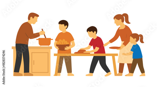 Parents and children cooking baking in the kitchen together making a meal flat vector illustration.