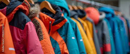 A close-up of colorful skiing jackets hung on a rack, showcasing textures and patterns perfect for winter wear, with plenty of space for promotional text.