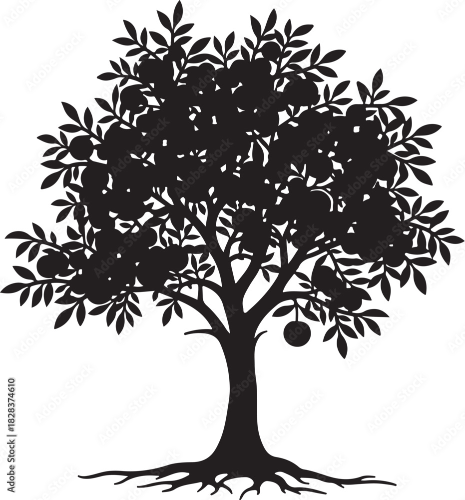 Obraz premium Black silhouette of a fruit tree with visible roots