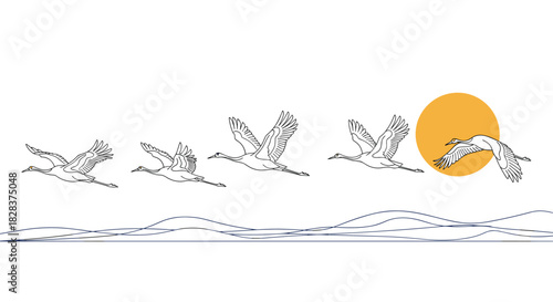 Five graceful cranes in mid-flight over stylized water, passing by a radiant orange sun in a minimalist illustration.