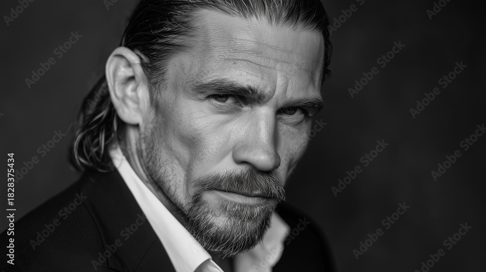 Fototapeta premium Confident man with wavy hair in formal attire poses for a portrait