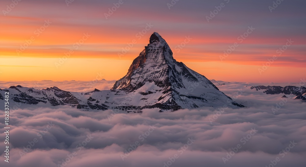 Naklejka premium Snowy mountain peak piercing fluffy clouds against a vibrant orange and yellow sunset