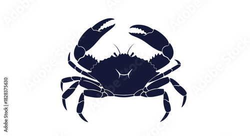 Stylized dark blue crab vector illustration with claws raised, presented as a minimalist graphic on a clean white background.
