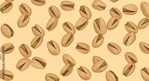 A delightful seamless pattern of scattered, shelled pistachios, with some open to reveal their green kernels and reddish skin, set against a soft, creamy background.
