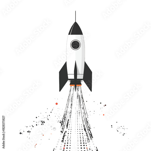 Retro Style Rocket Ship Ascending with Fiery Exhaust Trails Against a Clean White Background
