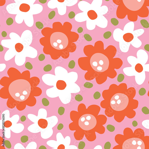 Pretty little hand painted flowers and leaves forming a maximalist botanical pattern In colors of orange, white, peach and green on pink background. Floral seamless vector pattern.Great for home decor
