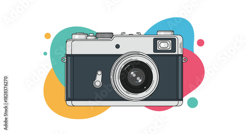A stylish flat design illustration of a retro film camera, depicted in gray and dark blue tones with a playful, colorful abstract background.