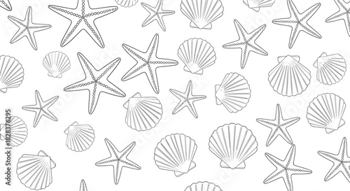Seamless black and white pattern featuring various starfish and scallop seashells, ideal for summer, beach, or marine-themed designs and backgrounds.