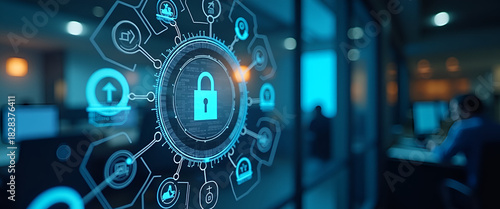 A striking visual composition focusing on corporate data security, highlighted through a modern office setting and surveillance concepts, utilizing ample copy space for detailed insights.