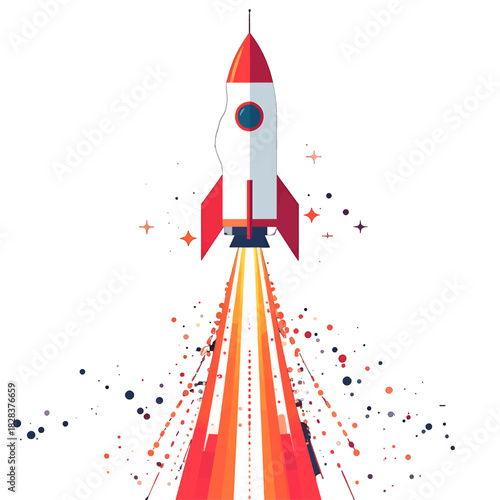 White Rocket Ship Ascending with Fiery Orange and Red Exhaust Trails Against a Clean White Background
