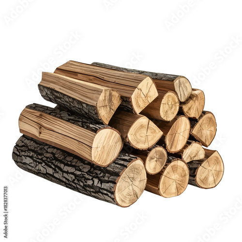 Stack of Cut Hardwood Logs For Firewood With Rough Bark and Visible Grain Detailed Texture Isolated on White