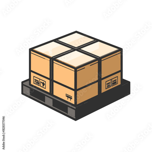 Pixel Art Rendering Of A Cardboard Box Stacked On A Wooden Shipping Pallet With Shipping Symbols On The Sides