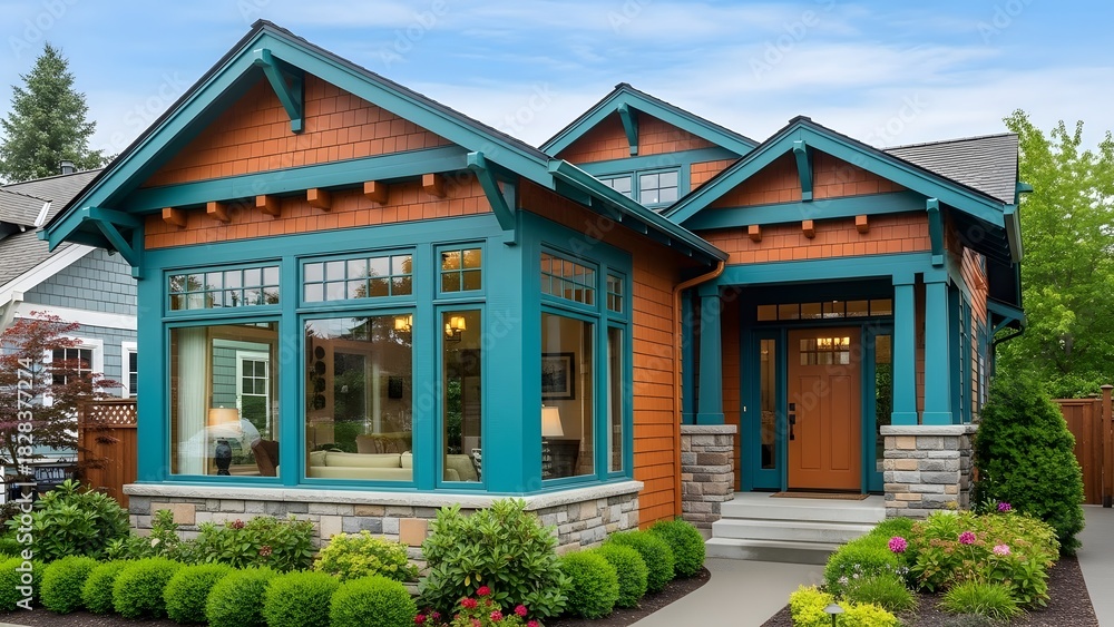 Fototapeta premium Colorful craftsman style home exterior with landscaping and stone