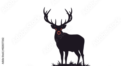 A powerful black silhouette of a majestic stag with large antlers, featuring vibrant red eyes and nose, standing on a patch of grass.