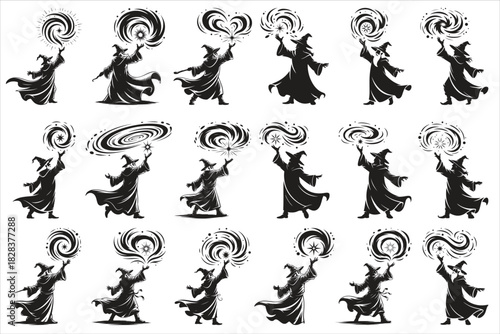 A striking black and white silhouette illustration featuring a mysterious wizard casting a powerful spell