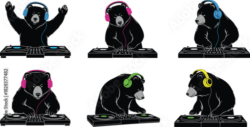 Cartoon bears DJing with colorful headphones and mixing consoles in six expressive poses, silhouette animal illustration, party music concept, white background