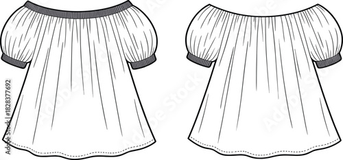 Technical flat drawing fashion illustration of off-the-shoulder top with ribbed trim, elasticated neckline, gathered body, and voluminous puff sleeves CAD vector