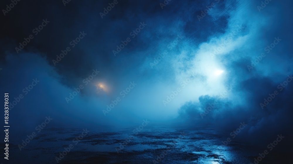 Fototapeta premium A serene, dark blue landscape shrouded in mist, featuring faint lights peeking through, creating a mysterious and atmospheric scene.