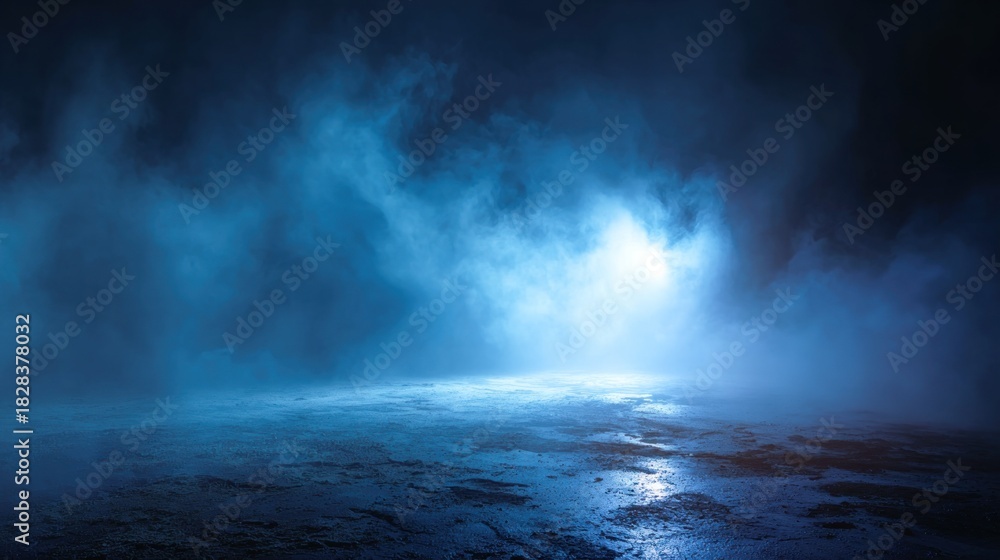 Obraz premium A serene, misty landscape with a mystical blue glow, creating an ethereal atmosphere that evokes calm and wonder.