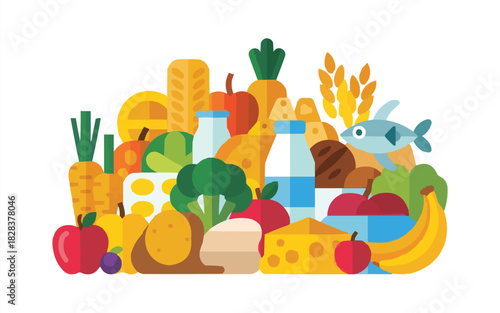 Healthy food assortment for balanced diet nutrition including fruits, vegetables, dairy, protein and grains, promoting wellness and mindful eating habits