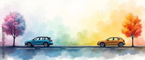 A vibrant watercolor scene showcasing the impact of sustainable mobility, utilizing soft color transitions while providing ample space for powerful messages and visuals.