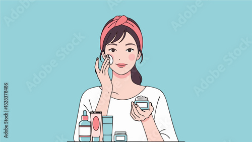 Skincare Routine Young Woman Applying Toner in a Beauty Regimen