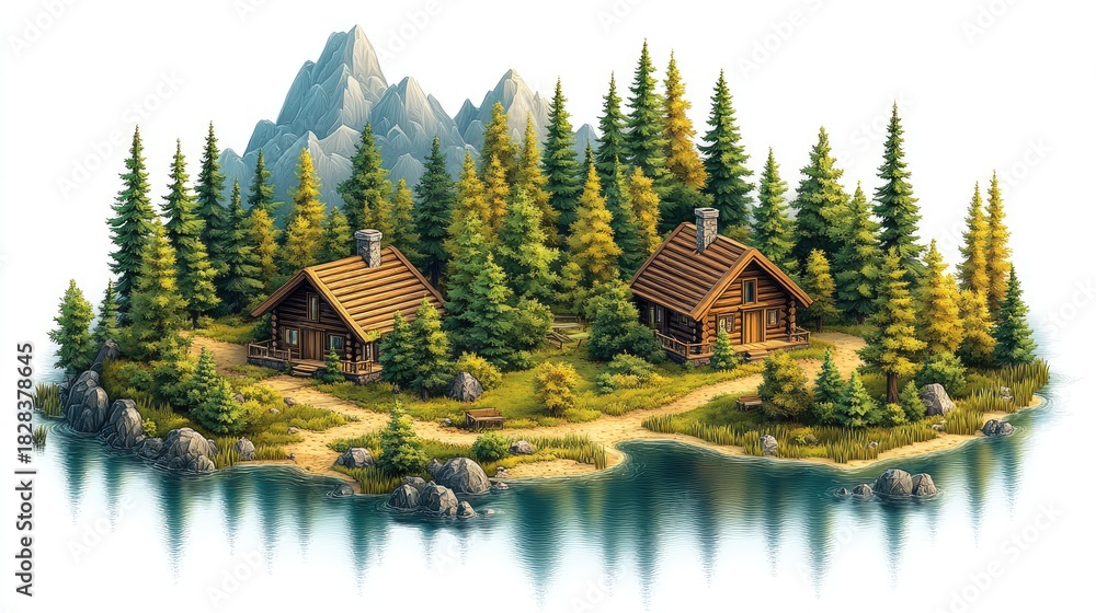Fototapeta premium Isometric illustration features twin log cabins nestled in pine forest near a tranquil lake