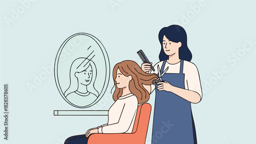 Professional Hairdresser Giving a Haircut to a Happy Customer in a Modern Salon Vector Illustration