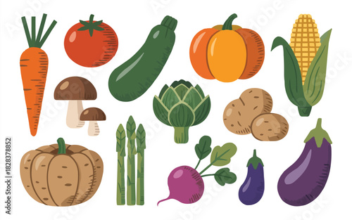 Fresh vibrant vegetables for healthy cooking and lifestyle promotion, including carrot, tomato, zucchini, pumpkin, corn, potato, radish and eggplant