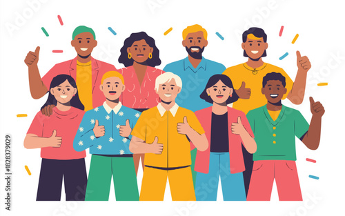 Diverse group gives thumbs up in modern flat design, expressing positivity and teamwork, perfect for business presentations or social media campaigns.