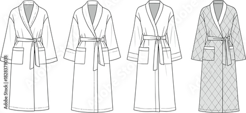 Bathrobe CAD flat vector technical fashion illustration front view design with belt, patch pockets, plain and quilted variations