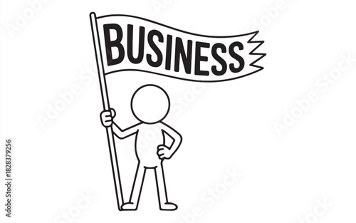 Stick figure proudly holding business flag high, representing leadership, success, and victory in corporate world, showcasing tenacity and vision