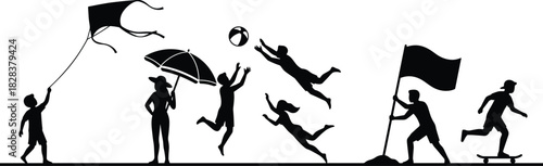 Beach activity silhouette, children outdoor play, summer fun illustration, black vector design, white background, playful movement concept, community leisure scene
