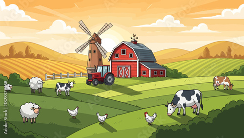 Peaceful Rural Farm Scene Sunset View