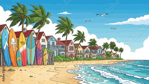 Pixel Art Beach Surfboards Coastal Houses