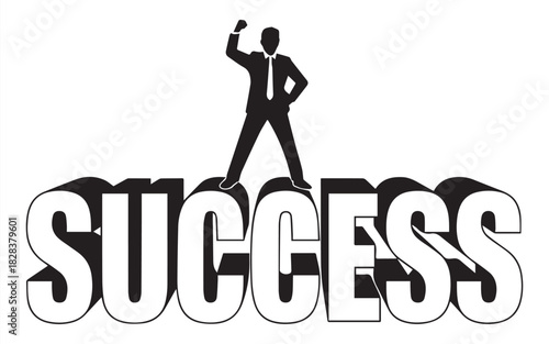 Achieve your goals with confident businessman celebrating on top of success, professional achievement and winning attitude for business growth
