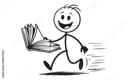 Energetic stick figure character enthusiastically running with an open book, conveying the joy of reading and the excitement of learning something new