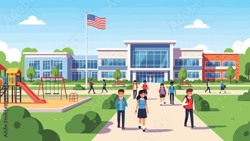 Students arrive at bright modern school building