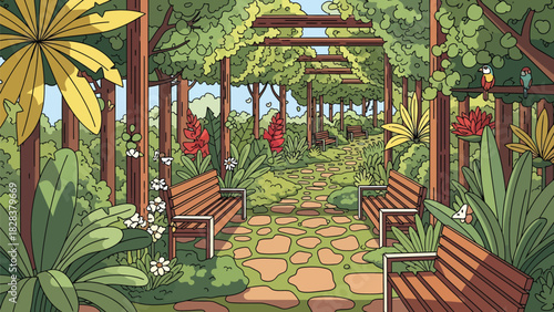 Peaceful Garden Path with Wooden Benches