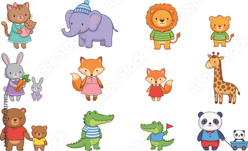 Cartoon animal characters, cute illustration, parent and child, educational design, playful vector, children theme, anthropomorphic animals, family bonding, fun, love