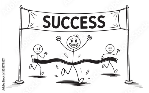 Celebrate personal and business goals with this illustration of a stick figure winning the race to success, while others are sad they lost the competition.